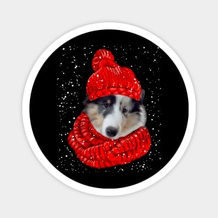 Sheltie Wearing Red Hat And Scarf In Snow Christmas Magnet